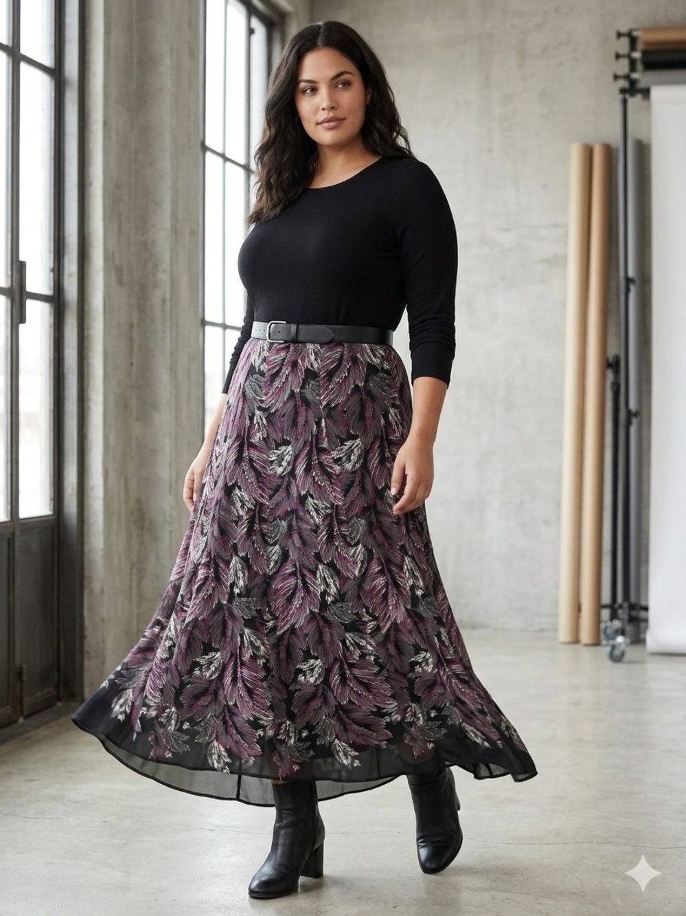 Women's Black & Purple Printed Maxi Skirt